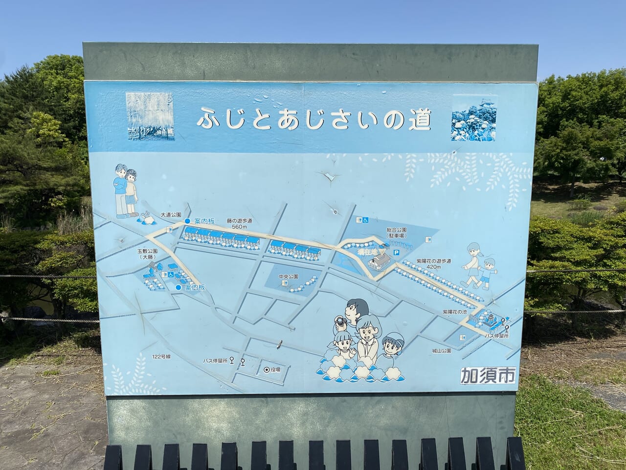 ふじとあじさいの道を説明する看板